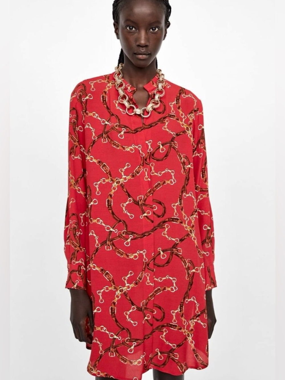 Zara | Red Chain Belt Print Shirt Dress